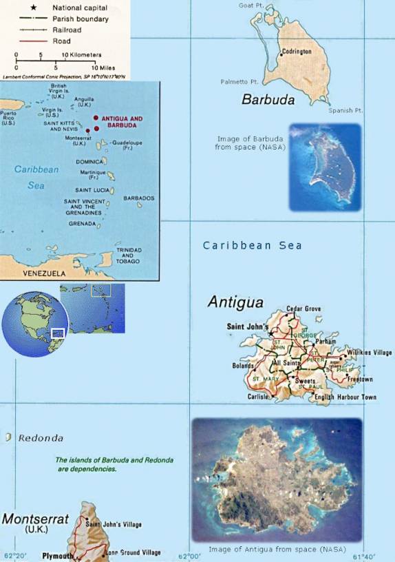 Mapa mostrando Antígua, Barbuda e Montserrat e suas posições relativas, no Caribe
